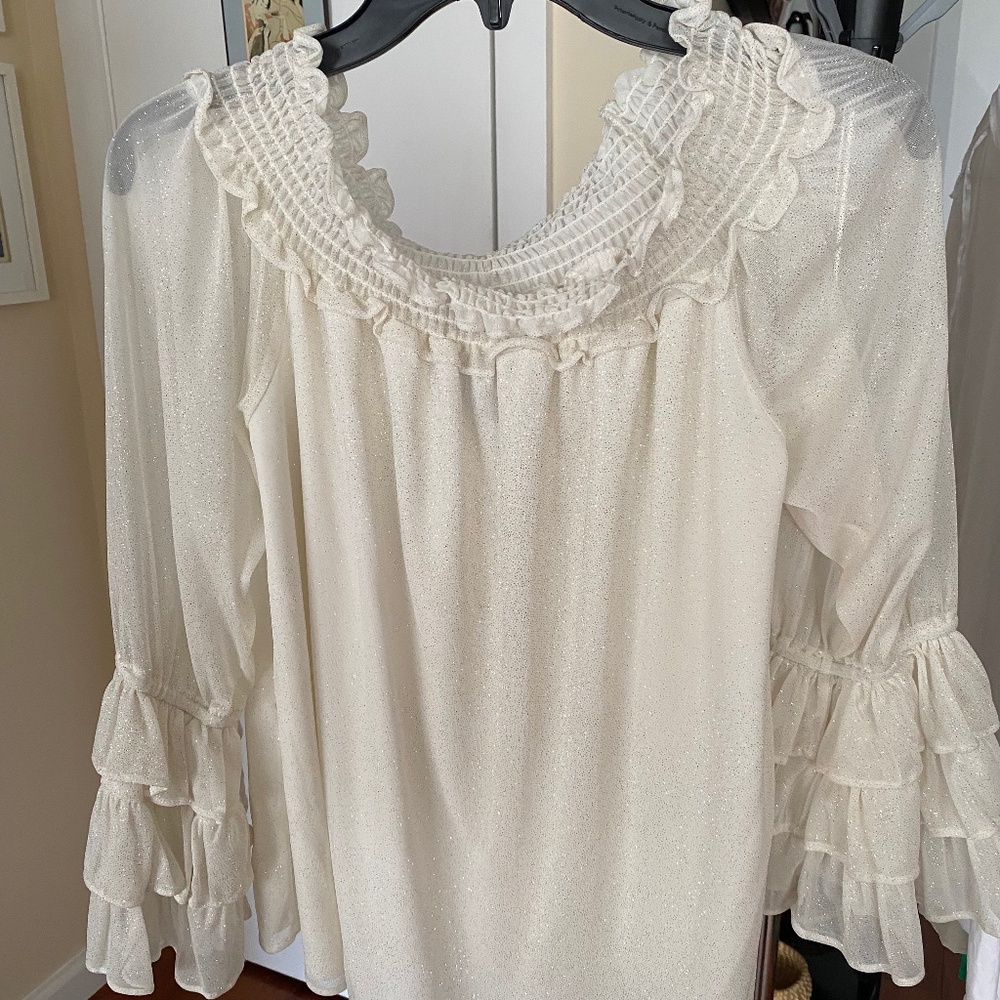 MSK white blouse with sparkles and elastic at neckline